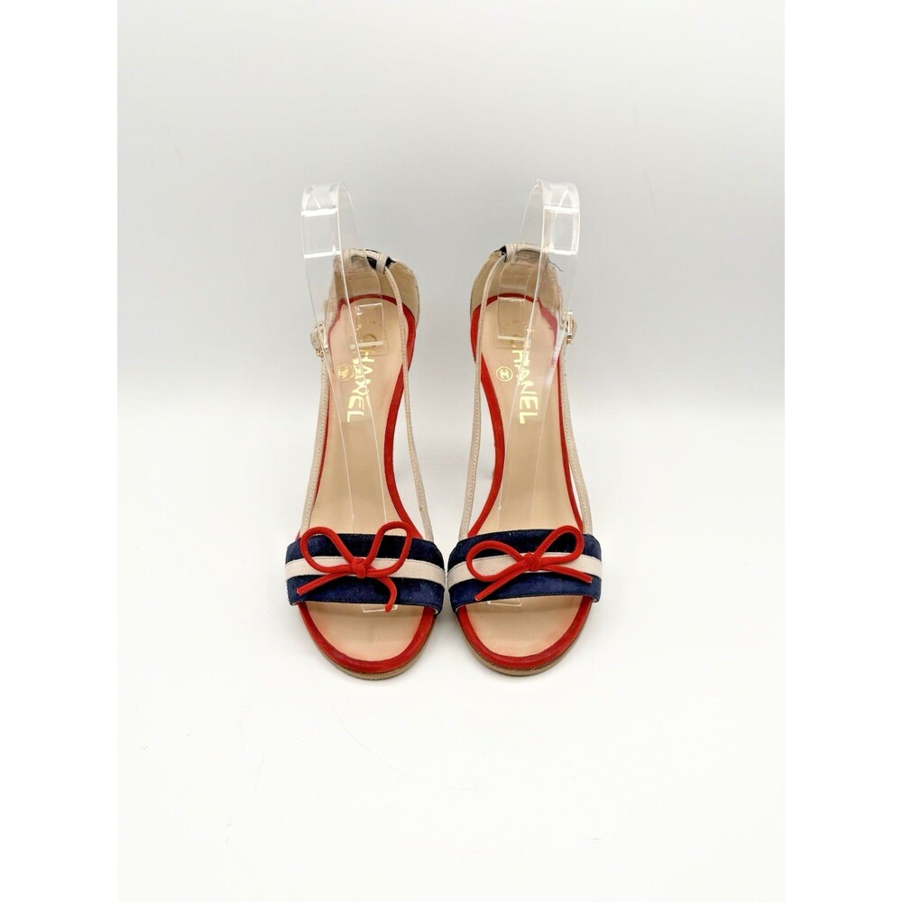 Chanel Navy & Red Suede & Cork Striped Sandals CC Logo Heel Nautical Size EU 36